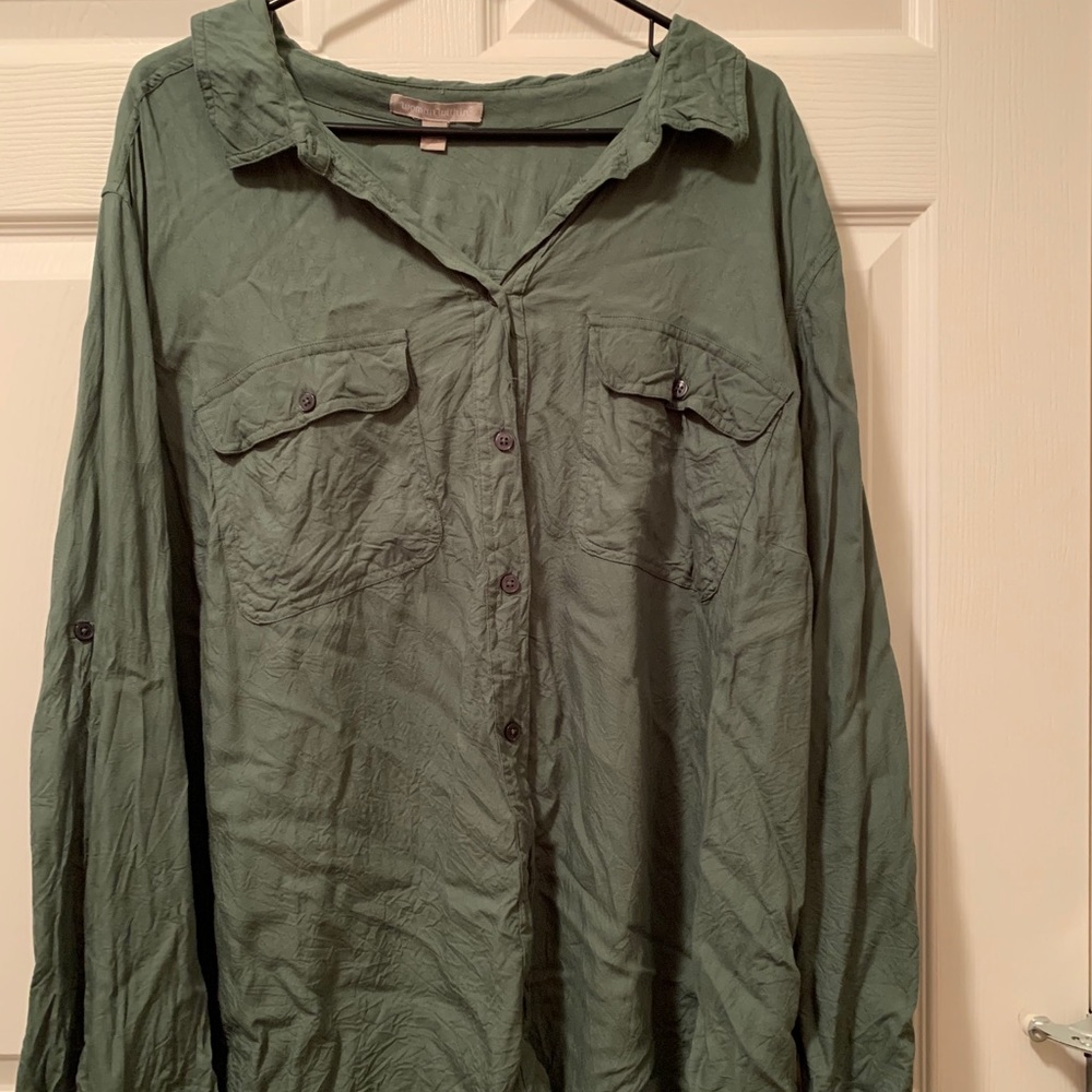 Woman within army green button up blouse